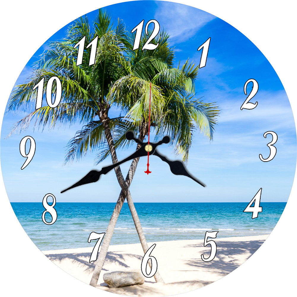 해변 야자수 일몰 틀 나무 시계-대형 무소음 원형 모조 벽시계 복고풍 녹 Aral 숫자 시계